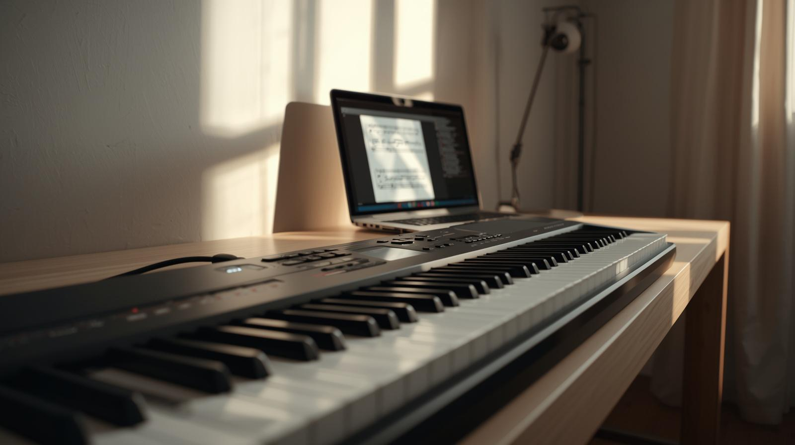 online piano lesson technology - digital keyboard and laptop setup for online music lessons