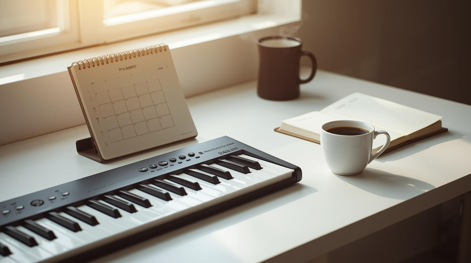 how long does it take to learn piano - digital piano and planner on desk