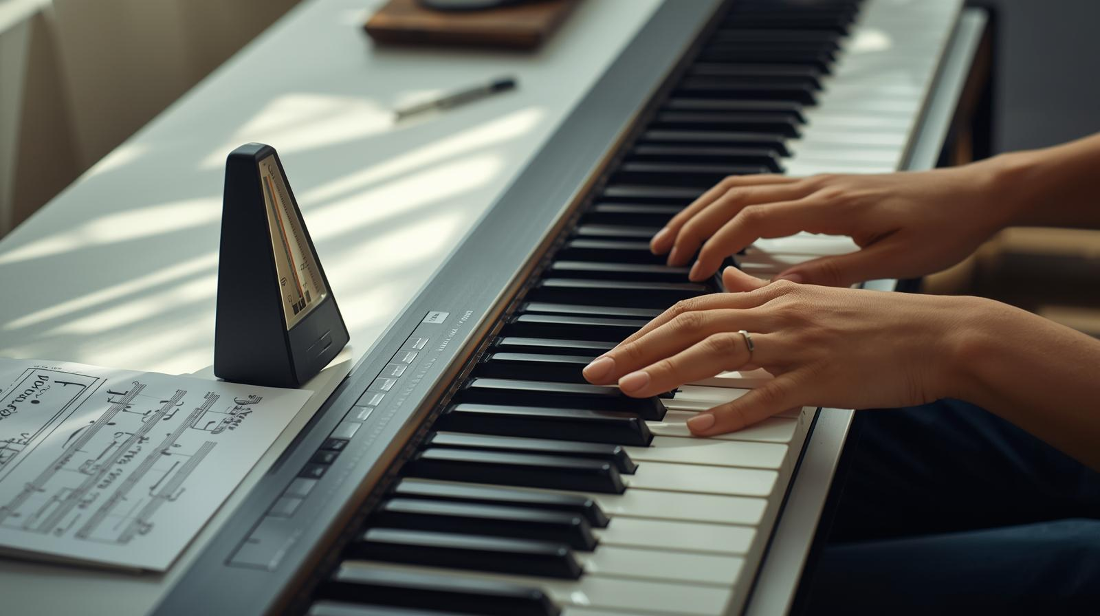 piano practice for beginners - hands on piano keyboard with metronome on desk