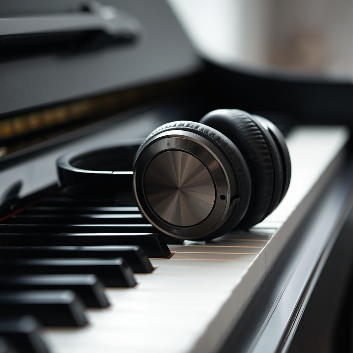 Headphones resting on piano keys representing adult piano learning
